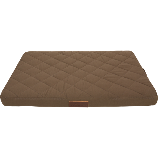 Team Gun Dog Landing Zone Quilted Canvas Dog Bed, featuring a diamond-stitched brown surface with a small DRAKE label, ideal for outdoor-loving pets.