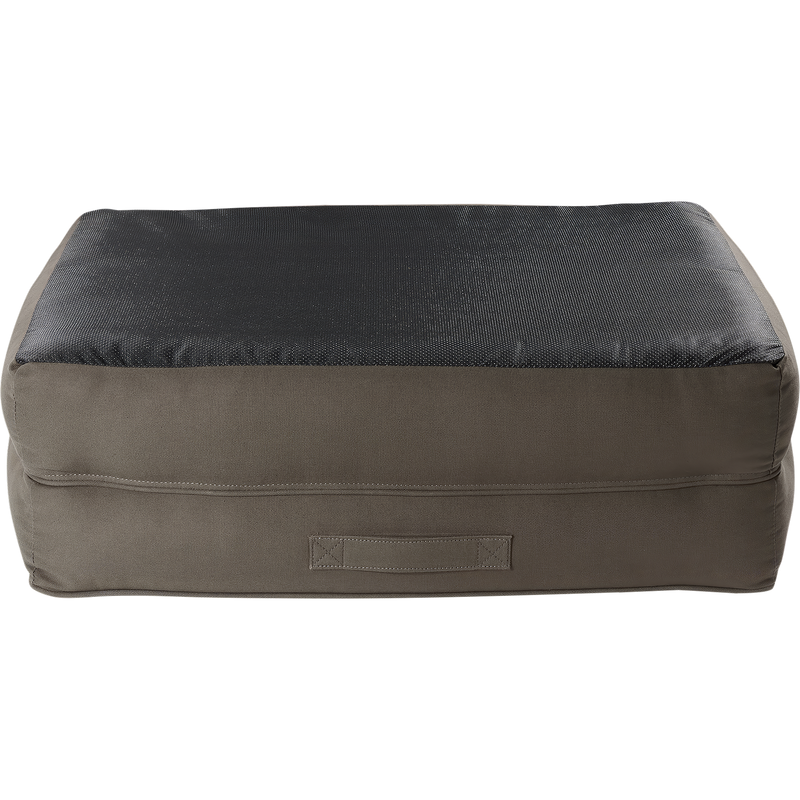 Team Gun Dog Landing Zone Premium Canvas Dog Couch with a muted brown and black design, featuring a portable cushion with a handle and slip-resistant bottom.