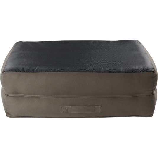 Team Gun Dog Landing Zone Premium Canvas Dog Couch with a muted brown and black design, featuring a portable cushion with a handle and slip-resistant bottom.