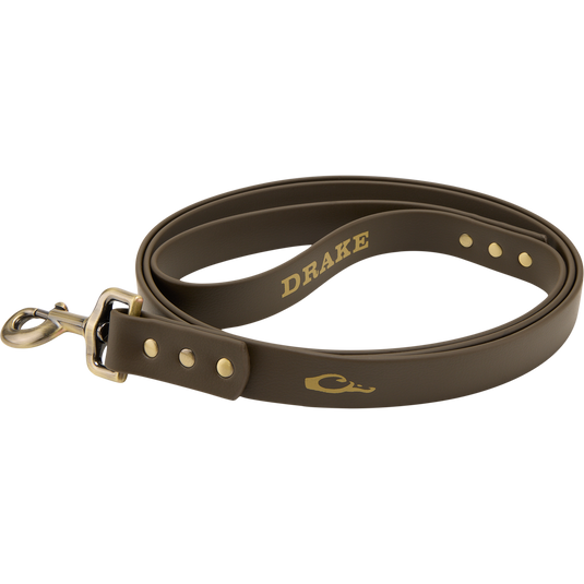 Team Gun Dog TPU Coated Waterproof Leash with brass-tone clasp, riveted handle, and “DRAKE” stamp, designed for durability and easy cleaning during active use.
