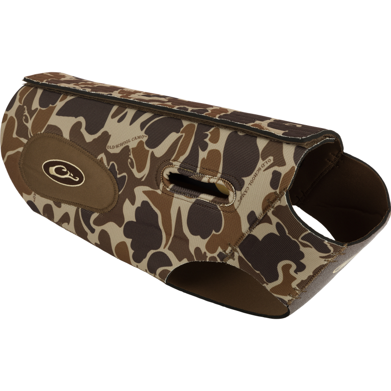 Drake Neoprene Dog Vest with camouflage design, featuring built-in assist handles and customizable fit for enhanced protection and comfort.