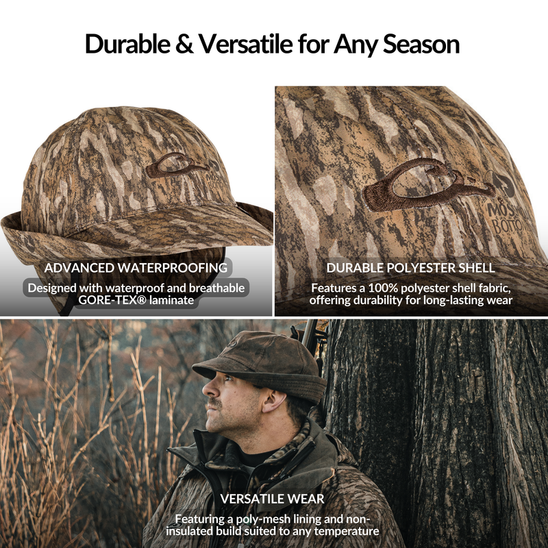 GORE-TEX® Jones Hat collage featuring a man in camouflage, highlighting its waterproof design, shapeable brim, fold-down ear flaps, and elastic headband.