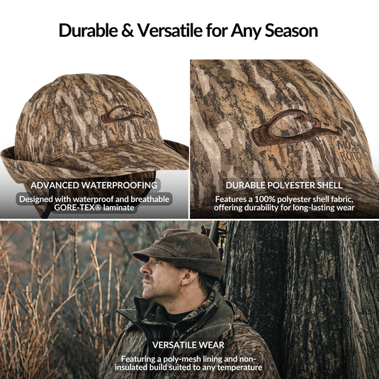 GORE-TEX® Jones Hat collage featuring a man in camouflage, highlighting its waterproof design, shapeable brim, fold-down ear flaps, and elastic headband.
