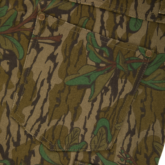 Throwback 80 Field Pant close-up showing antique brass riveted pocket and durable cotton twill fabric, highlighting its robust construction and functional design.