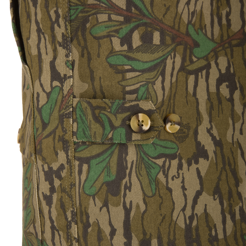 Close-up of the Throwback 80 Field Shirt Jacket, highlighting camouflage fabric and large button detailing, emphasizing its durable construction and functional design features.