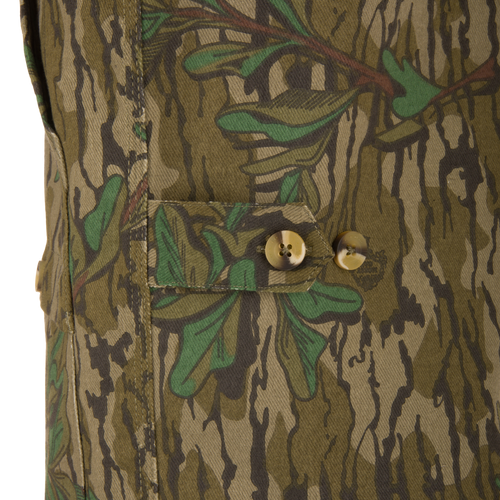 Close-up of the Throwback 80 Field Shirt Jacket, highlighting camouflage fabric and large button detailing, emphasizing its durable construction and functional design features.