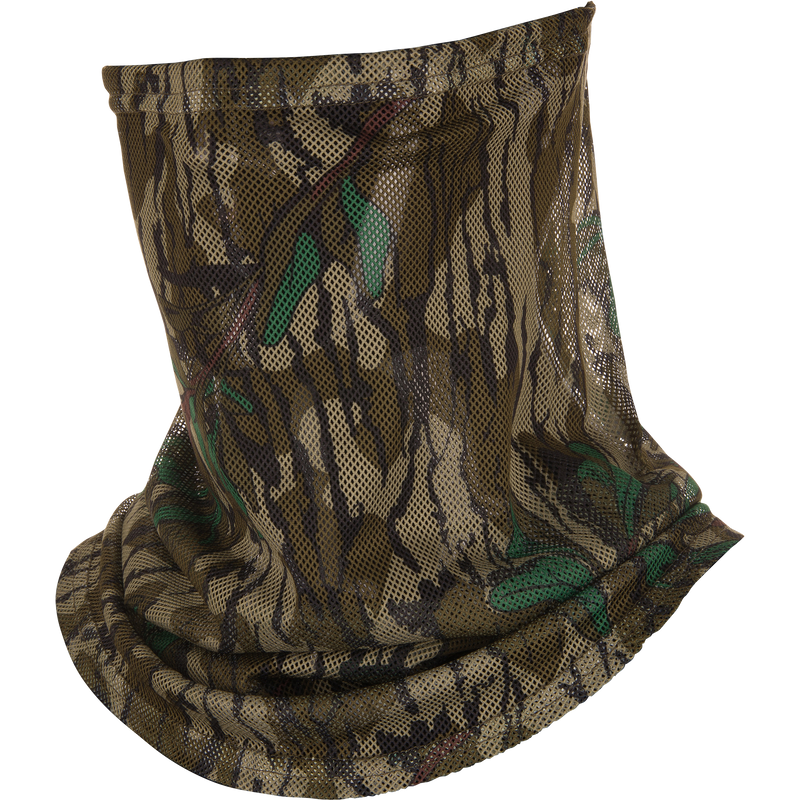 Performance Mesh Half Mask features a camouflage design with leaf patterns, made from breathable polyester mesh and adjustable bungee cords for a secure fit.