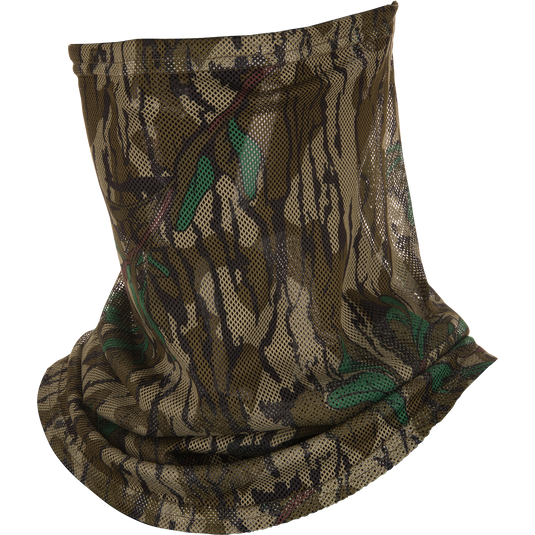 Performance Mesh Half Mask features a camouflage design with leaf patterns, made from breathable polyester mesh and adjustable bungee cords for a secure fit.