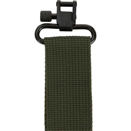 Easy Rider Neoprene Gun Sling with a black metal hook and green strap, featuring a non-slip neoprene pad and adjustable nylon strap for hunting.