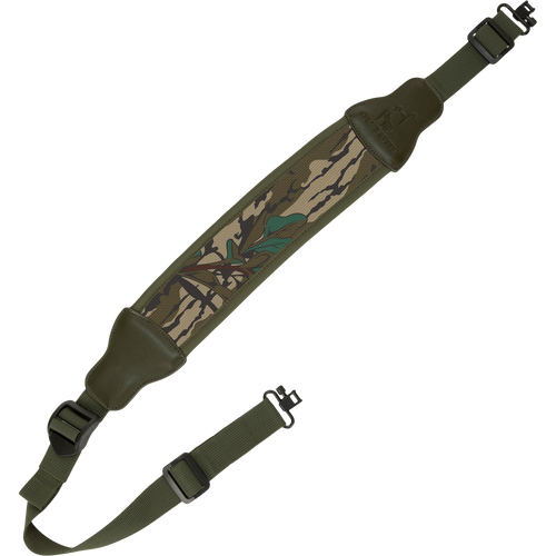 Easy Rider Neoprene Gun Sling featuring a camouflage design, non-slip neoprene pad, and adjustable 1 nylon strap with swivels for secure and comfortable use.