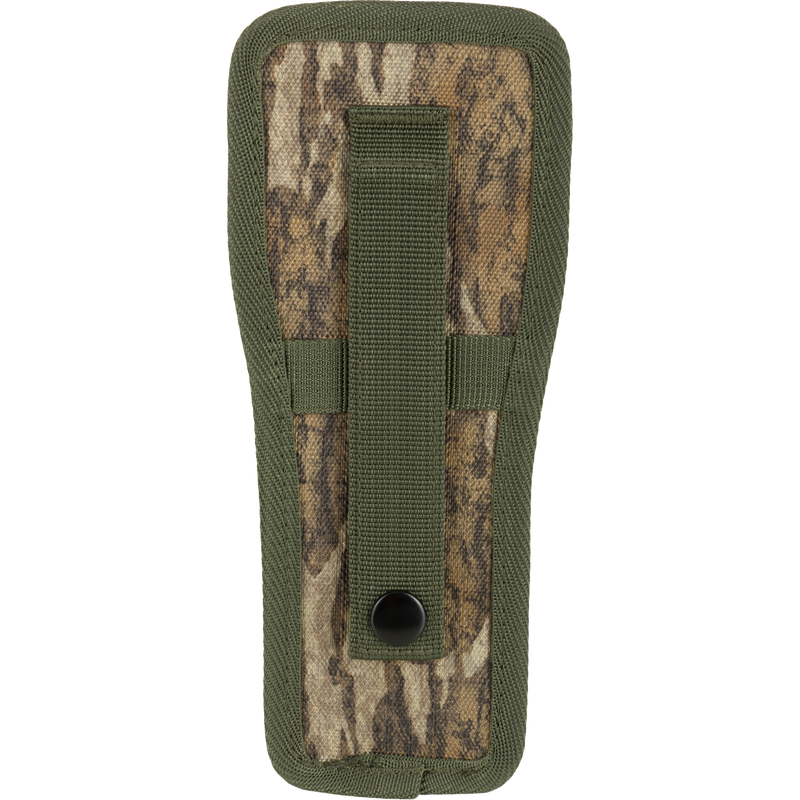 Easy Rider Thermacell Holder with Molle Attachment: Camouflage pouch featuring a black button, designed for secure attachment to hunting gear with durable Ripstop material.