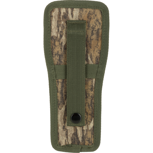 Easy Rider Thermacell Holder with Molle Attachment: Camouflage pouch featuring a black button, designed for secure attachment to hunting gear with durable Ripstop material.