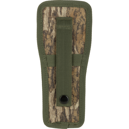 Easy Rider Thermacell Holder with Molle Attachment: Camouflage pouch featuring a black button, designed for secure attachment to hunting gear with durable Ripstop material.