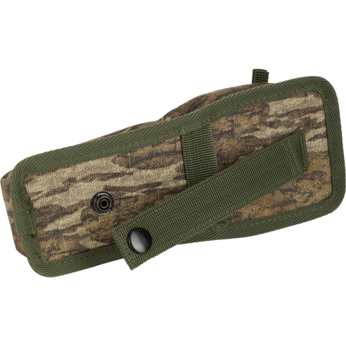 Easy Rider Thermacell Holder with Molle Attachment, featuring camouflage design, durable Ripstop material, elastic loop, and secure strap for hunting gear attachment.