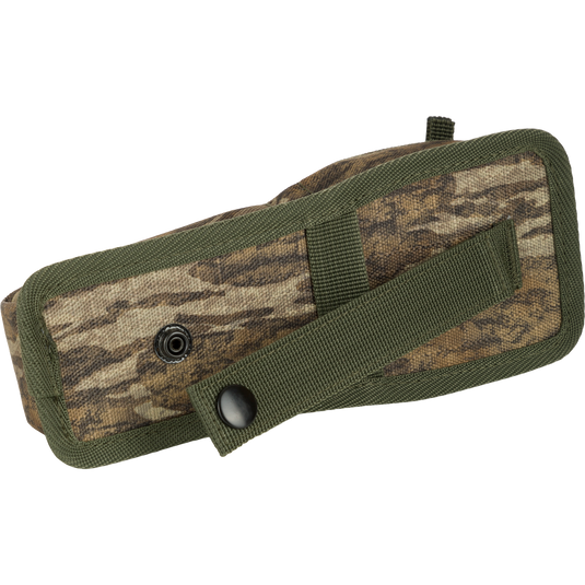 Easy Rider Thermacell Holder with Molle Attachment, featuring camouflage design, durable Ripstop material, elastic loop, and secure strap for hunting gear attachment.
