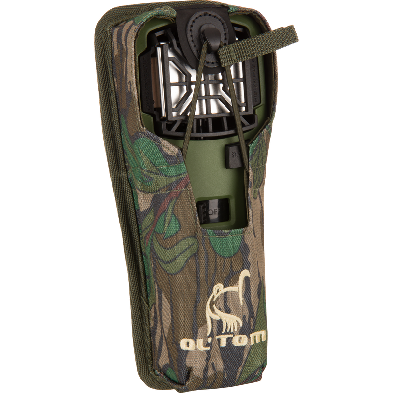Easy Rider Thermacell Holder with Molle Attachment, featuring a camouflage design, durable Ripstop material, elastic secure loop, and Molle loop strap for versatile outdoor use.