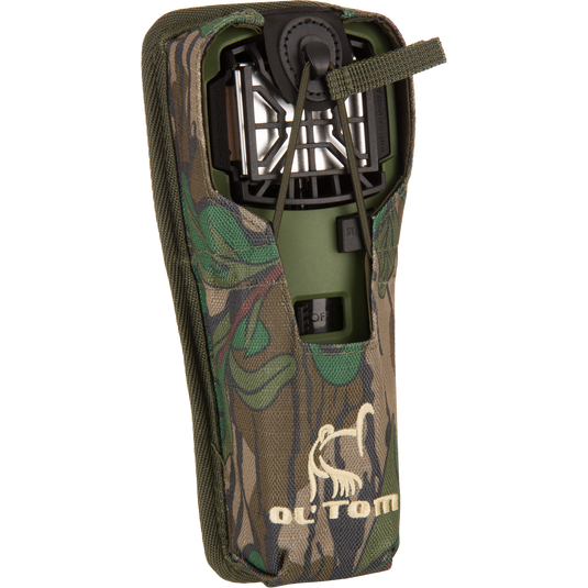 Easy Rider Thermacell Holder with Molle Attachment, featuring a camouflage design, durable Ripstop material, elastic secure loop, and Molle loop strap for versatile outdoor use.