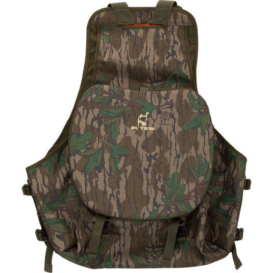 Youth Time and Motion Turkey Vest featuring camouflage design, deer logo, quick-draw slate call pouch, and neoprene shoulder straps, ideal for hunting trips.