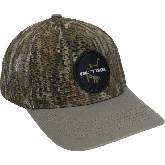 Ol' Tom Logo Mesh Hat with breathable mesh, mid-profile fit, and snapback closure, ideal for outdoor activities by Purewhitelaneshop.
