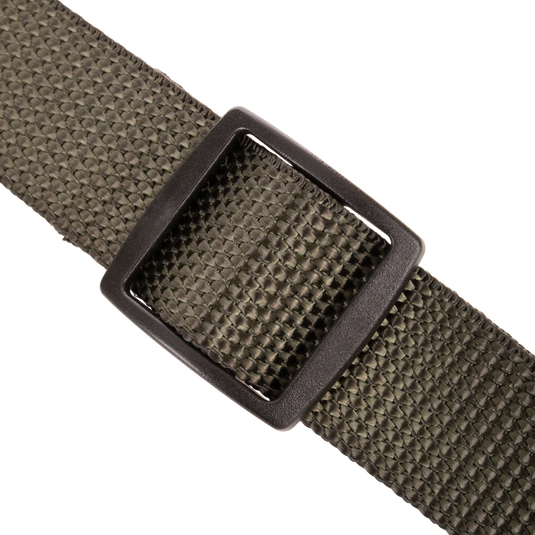 Close-up of the Gunslinger Shotgun Sling, featuring a non-slip pad, buckle, and adjustable 1 nylon strap with swivels for enhanced hunting comfort and control.