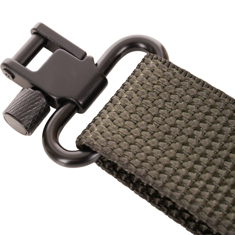 Close-up of the Gunslinger Shotgun Sling featuring a non-slip pad, 1 nylon strap, and adjustable swivels for enhanced comfort and control.