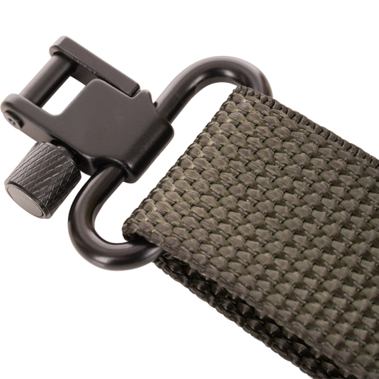 Close-up of the Gunslinger Shotgun Sling featuring a non-slip pad, 1 nylon strap, and adjustable swivels for enhanced comfort and control.