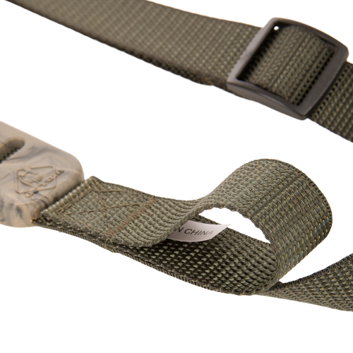 Close-up of the Gunslinger Shotgun Sling, showcasing a durable 1 nylon strap and non-slip pad for weight distribution, essential for hunting.