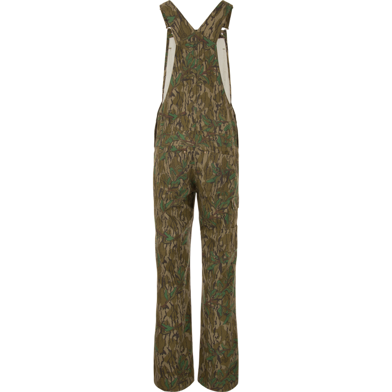 Throwback 80 Field Bib with camouflage pattern, featuring durable triple needle stitching, double-layer knee reinforcement, antique brass riveted pockets, and embroidered logos, ideal for tough tasks.