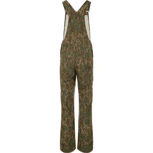 Throwback 80 Field Bib with camouflage pattern, featuring durable triple needle stitching, double-layer knee reinforcement, antique brass riveted pockets, and embroidered logos, ideal for tough tasks.