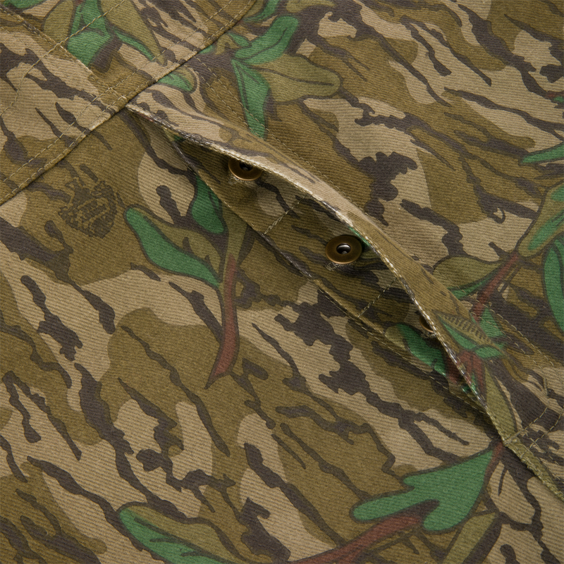 Close-up of Throwback 80 Field Bib showing sturdy cotton twill fabric, camouflage pattern, and antique brass buttons, highlighting durability and vintage style.