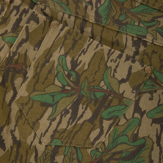 Throwback 80 Field Bib showcasing a close-up of the antique brass riveted pocket and camouflage fabric, highlighting durable craftsmanship and vintage design elements.