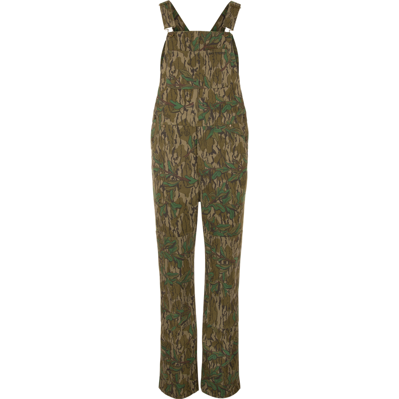 Throwback 80 Field Bib in camouflage, featuring sturdy cotton twill, reinforced knees, and antique brass details, designed for durability in demanding environments.