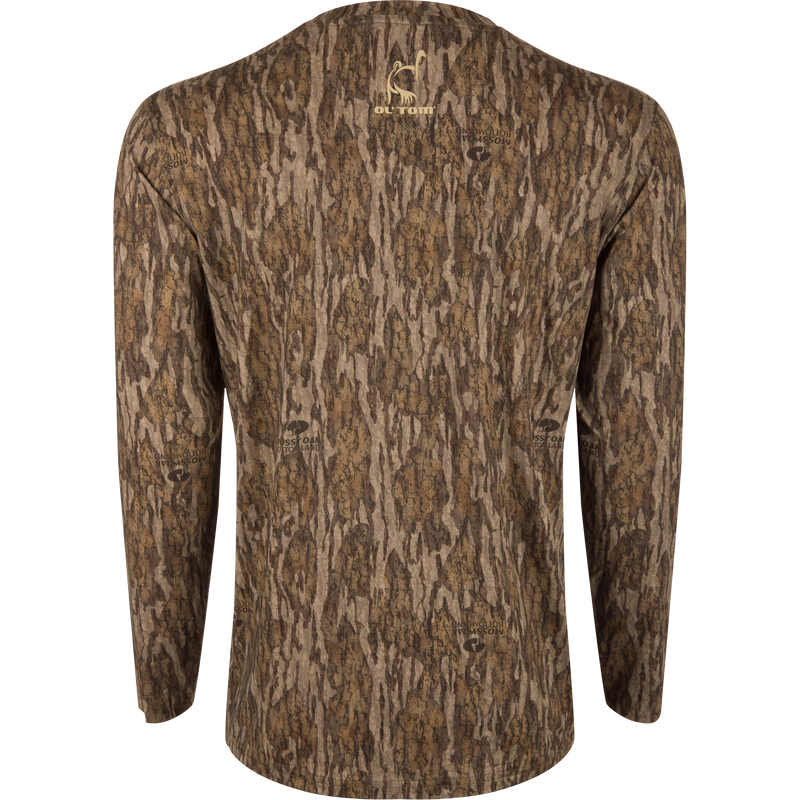 Performance Camo Long Sleeve Crew featuring a tree pattern, designed for outdoor activities with moisture-wicking, quick-drying fabric and UPF 50 sun protection.