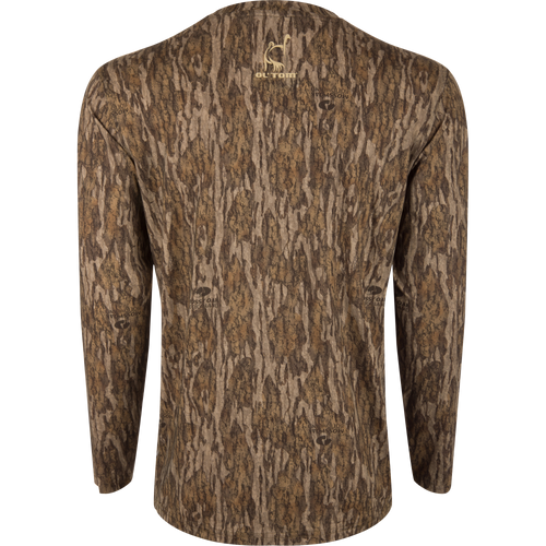 Performance Camo Long Sleeve Crew featuring a tree pattern, designed for outdoor activities with moisture-wicking, quick-drying fabric and UPF 50 sun protection.