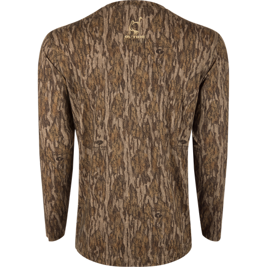 Performance Camo Long Sleeve Crew featuring a tree pattern, designed for outdoor activities with moisture-wicking, quick-drying fabric and UPF 50 sun protection.