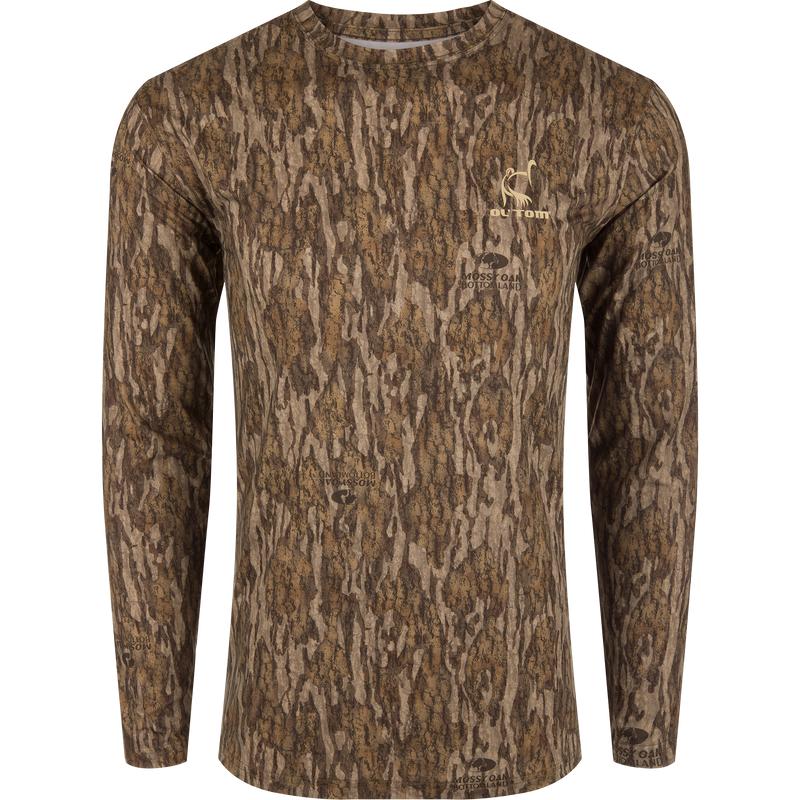 Performance Camo Long Sleeve Crew featuring a tree pattern, long sleeves, and bird logo, designed for outdoor comfort with cooling, stretch, and sun protection.