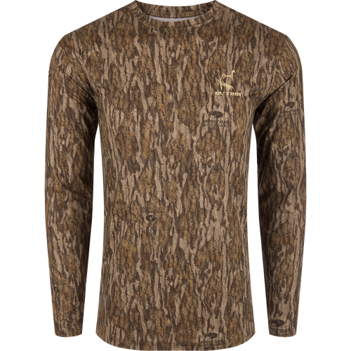 Performance Camo Long Sleeve Crew featuring a tree pattern, long sleeves, and bird logo, designed for outdoor comfort with cooling, stretch, and sun protection.