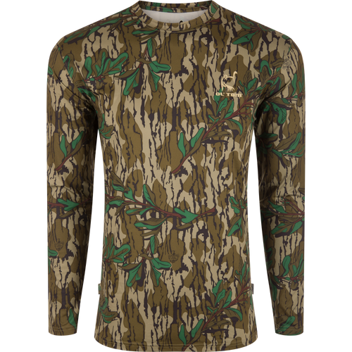 Performance Camo Long Sleeve Crew featuring a camouflage pattern, long sleeves, and lightweight fabric ideal for outdoor activities, with cooling and sun protection features.