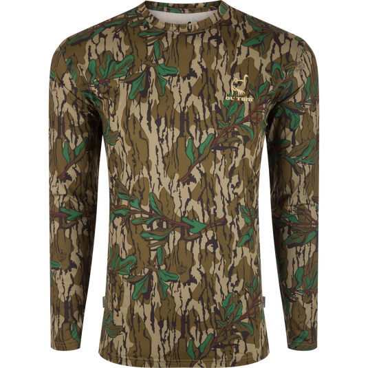 Performance Camo Long Sleeve Crew featuring a camouflage pattern, long sleeves, and lightweight fabric ideal for outdoor activities, with cooling and sun protection features.