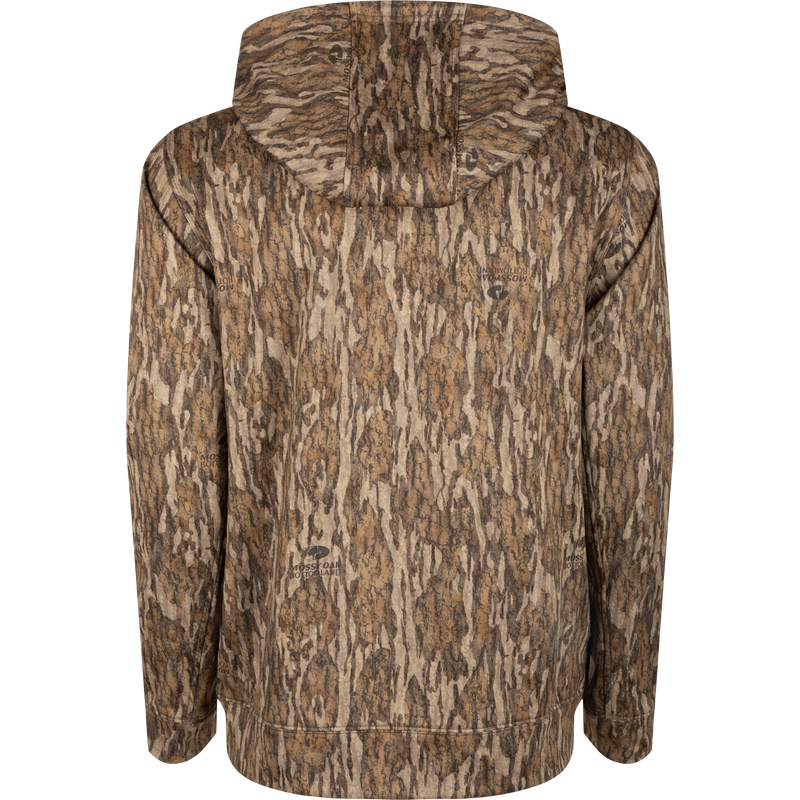 Performance Hoodie featuring tree-patterned camouflage, showcasing a lightweight design with anti-pilling fabric, kangaroo pocket, and adjustable hood for hunting or casual wear.