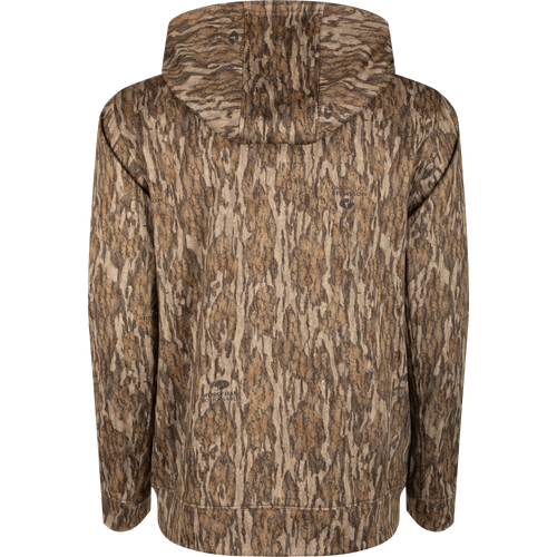 Performance Hoodie featuring tree-patterned camouflage, showcasing a lightweight design with anti-pilling fabric, kangaroo pocket, and adjustable hood for hunting or casual wear.