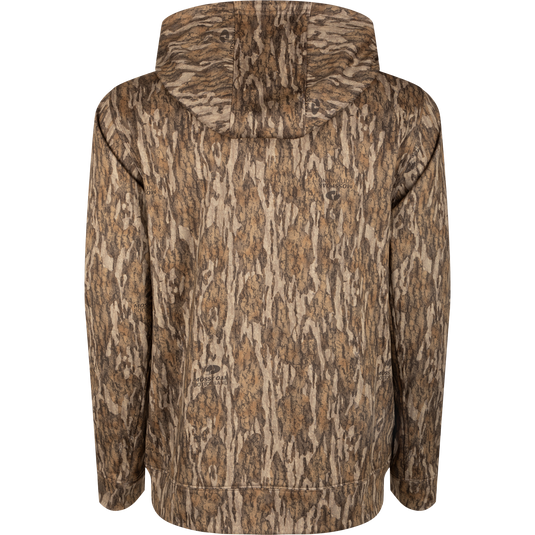 Performance Hoodie featuring tree-patterned camouflage, showcasing a lightweight design with anti-pilling fabric, kangaroo pocket, and adjustable hood for hunting or casual wear.