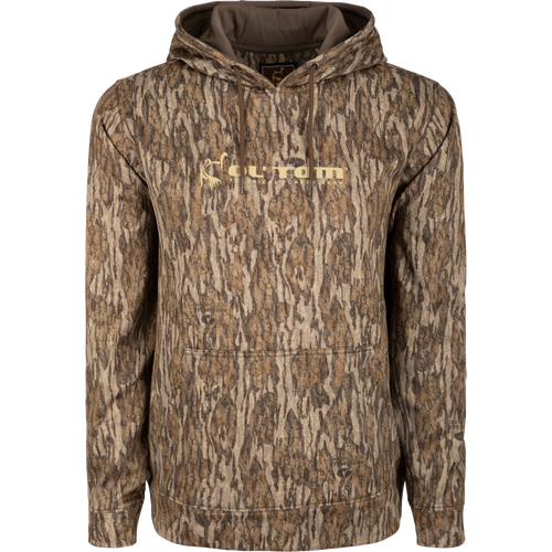Performance Hoodie with logo, featuring anti-pilling shell, built-in stretch, and kangaroo pocket. Ideal for hunting or casual wear.