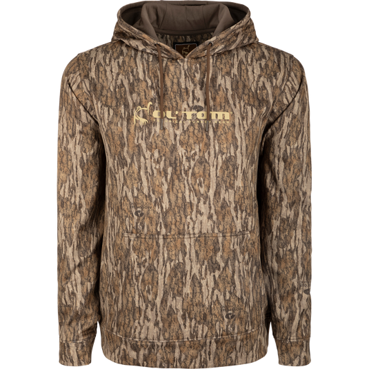 Performance Hoodie with logo, featuring anti-pilling shell, built-in stretch, and kangaroo pocket. Ideal for hunting or casual wear.