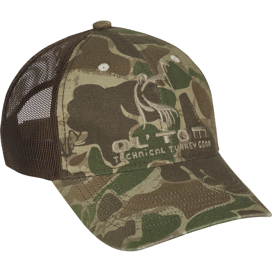 Camo Mesh Back Ol' Tom Logo Cap, a low-profile structured hat with a Velcro back adjustment. Perfect for hunting and outdoor activities.