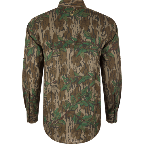 Men's Camo Wingshooter Trey Shirt with camouflage pattern, featuring vented back, flap chest pockets, and adjustable roll-up sleeves, designed for performance and comfort.
