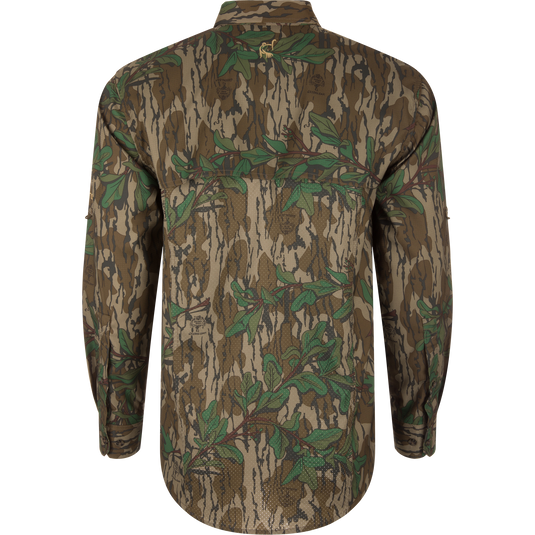 Men's Camo Wingshooter Trey Shirt with camouflage pattern, featuring vented back, flap chest pockets, and adjustable roll-up sleeves, designed for performance and comfort.