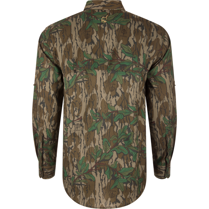 Youth Wingshooter Trey Long Sleeve Shirt, featuring a camouflage pattern with vented cape back, two chest pockets, and moisture-wicking, lightweight performance fabric suitable for outdoor activities.