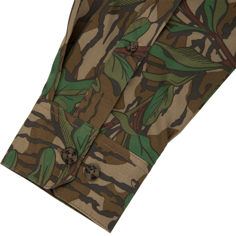 Youth Wingshooter Trey Long Sleeve Shirt close-up showcasing hidden button-down collar and textured fabric with visible button detail, highlighting technical features for performance and comfort.