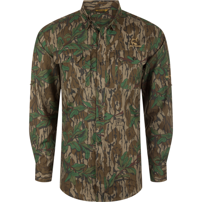 Youth Wingshooter Trey Long Sleeve Shirt with camouflage pattern, featuring vented cape back, button-through chest pockets, and hidden zippered pocket, designed for performance and comfort.